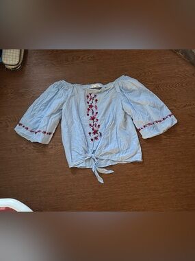 beachlunchlounge Light Blue Off-Shoulder Tie-Front Blouse with Red Embroidery